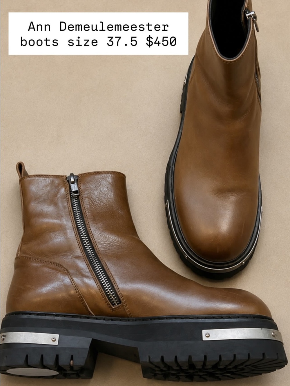 Ann Demeulemeester women’s Brown Leather Zip Lug Ankle Boots